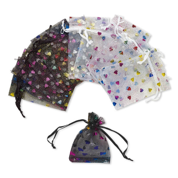 Pouch, organza, black / white / multicolored, 4 x 2-1/2 inches with heart pattern and drawstring. Sold per pkg of 12. image number 0