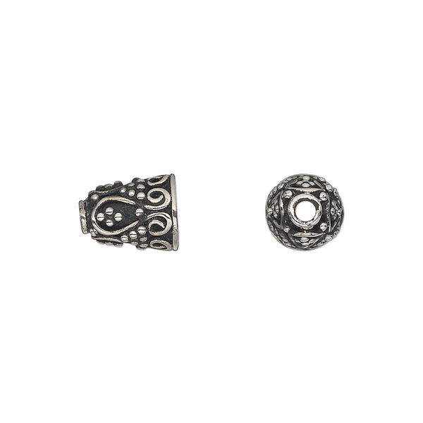 Bead cap, antiqued sterling silver, 10x8mm beaded cone, fits 6-8mm bead. Sold per pkg of 2. image number 0