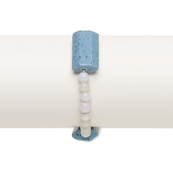 Bracelet, stretch, glass and acrylic, opaque grey and blue, 5mm round and 24x15mm-25x15mm faceted puffed rectangle, 7 inches. Sold individually. image number 0