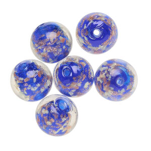 Bead, lampworked glass, clear / cobalt blue / glow-in-the-dark / gold, 12mm round. Sold per pkg of 6.