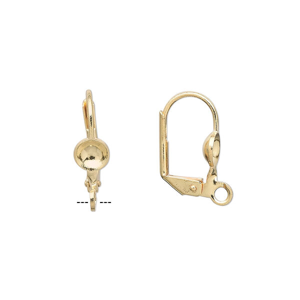 Ear wire, gold-plated brass, 17mm leverback with 5mm cup and open loop, fits 5-7mm bead. Sold per pkg of 5 pairs. image number 0