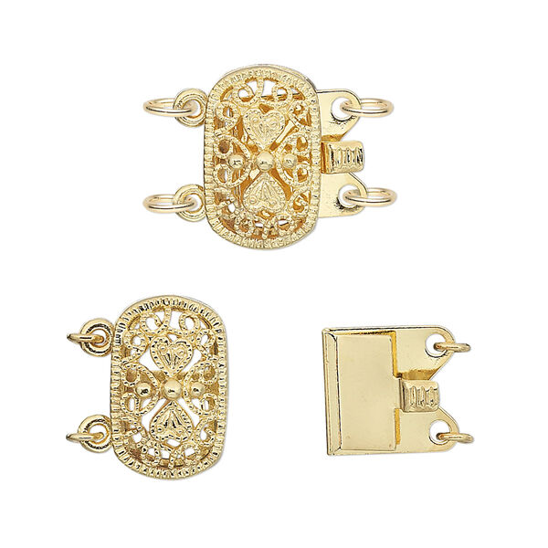 Clasp, 2-strand tab, gold-plated brass, 14x9mm filigree oval. Sold per pkg of 2. image number 0