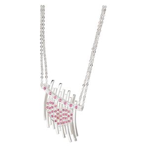 Necklace, silver-plated brass and glass rhinestones, pink and crystal clear, 34x32mm focal with heart design, 15" to 16" double cable chain with 3-inch extender chain and silver-plated brass lobster claw clasp. Sold individually.