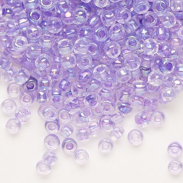 Seed bead, Dyna-Mites™, glass, transparent rainbow inside color amethyst purple, #6 round. Sold per 40-gram pkg. image number 0