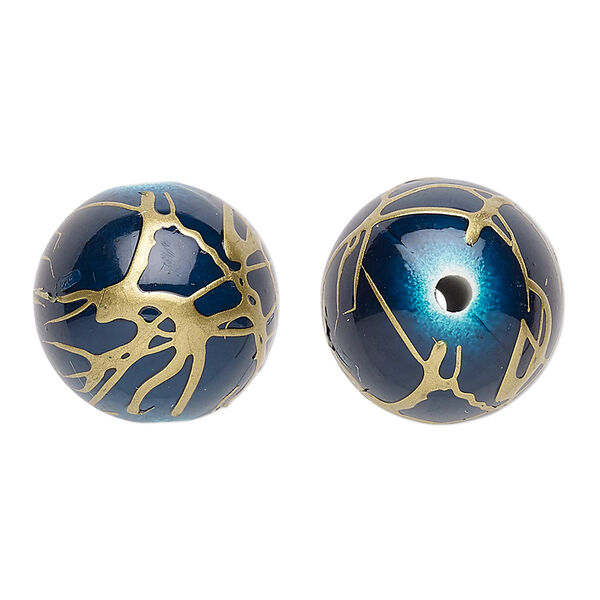 Bead, acrylic, dark blue and gold, 18mm round with swirls. Sold per pkg of 30. image number 0