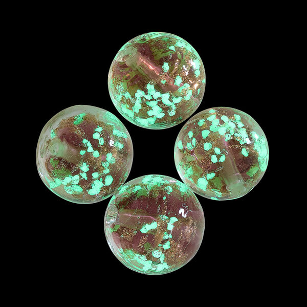 Bead, lampworked glass, clear / purple / glow-in-the-dark / gold, 14mm round. Sold per pkg of 4. image number 1