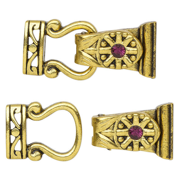 Clasp, magnetic, gold-finished "pewter" (zinc-based alloy) and glass, purple, 29x13mm 2-strand fold-over. Sold per pkg of 2. image number 0