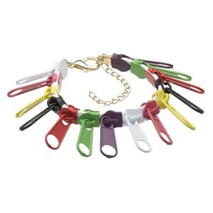 Bracelet, faux suede / painted "pewter" (zinc-based alloy) / gold-finished brass / steel, multicolored, 31x10mm zipper pull, 7 inches with 3-inch extender chain and lobster claw clasp. Sold individually.