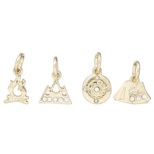 Charm assortment, gold-finished "pewter" (zinc-based alloy) and glass rhinestone, clear, 8-11x7mm multi-shape, camping theme. Sold per 4-piece set. image number 0