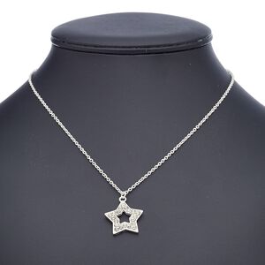 Necklace, glass rhinestone with imitation rhodium-finished steel and "pewter" (zinc-based alloy), clear, 22x22mm open star, 18 inches with 2-inch extender chain and lobster claw clasp. Sold individually.