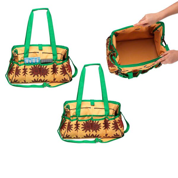 Tote, woven PVC fabric, green/orange/red, 15x10x10 inches with sunflower design, 10-inch carry handle and detachable adjustable shoulder strap. Sold individually. image number 0