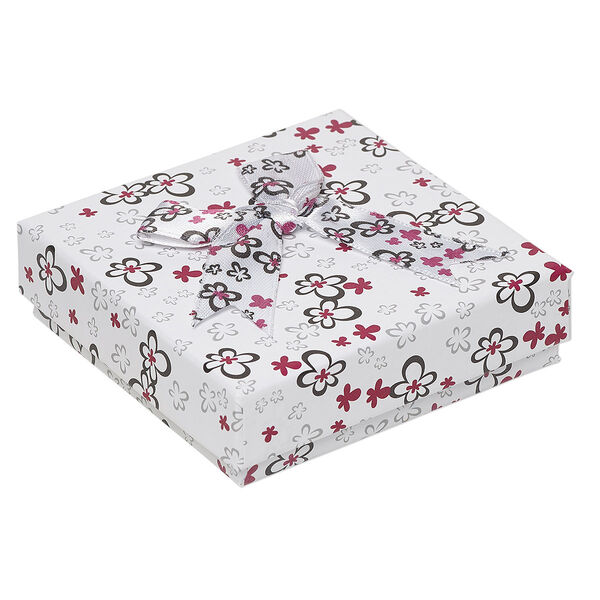 Gift box, cardboard / paper / leatherette / polyester / steel, multicolored, 3-1/2 x 3-1/2 x 1-inch square with flower design and bow. Sold per pkg of 12. image number 0
