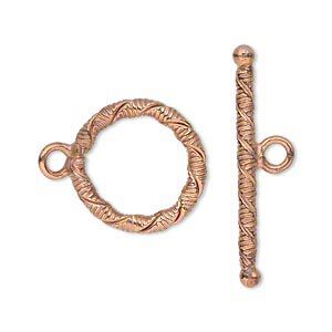Clasp toggle 1pkg4, 18mm textured twist, shiny / matte copper 1-strand