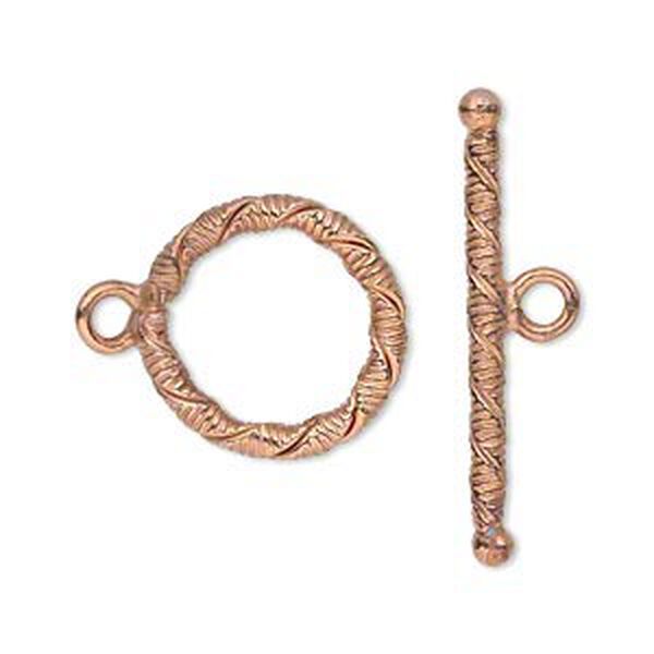 Clasp, toggle, copper, 18mm textured round with twist. Sold per pkg of 4. image number 0