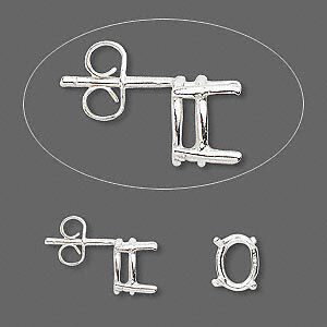 Earstud 1pkg2 Sure-Set™ sterling silver, 8x6mm oval pre-notched 4-prong basket-style setting / earnuts, 1 pair