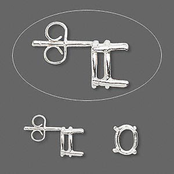 Earstud, Sure-Set™, sterling silver, 8x6mm with 4-prong oval basket setting. Sold per pair. image number 0