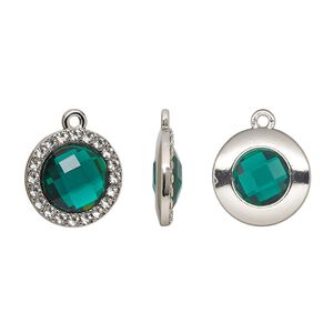 Drop, glass / glass rhinestone / imitation rhodium-finished "pewter" (zinc-based alloy), clear and transparent emerald green, 17mm single-sided round. Sold per pkg of 2.
