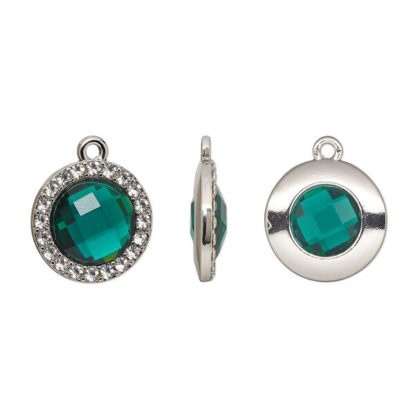 Drop, glass / glass rhinestone / imitation rhodium-finished "pewter" (zinc-based alloy), clear and transparent emerald green, 17mm single-sided round. Sold per pkg of 2. image number 0