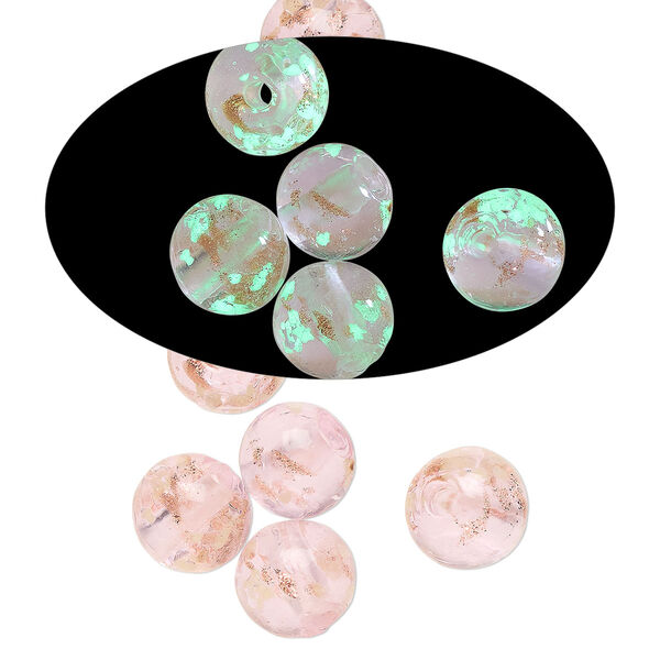 Bead, lampworked glass, clear / pink / glow-in-the-dark / gold, 8mm round. Sold per pkg of 6. image number 0
