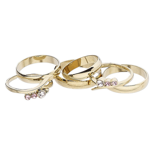 Ring mix, glass rhinestone and gold-finished brass, clear and pink, 4mm and 9mm wide, size 5 to 12-1/2. Sold per pkg of 6. image number 0
