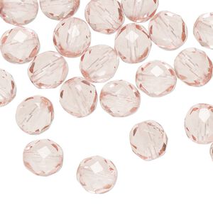 Bead, Czech fire-polished dipped décor glass 1pkg50, pink, 8mm faceted round.