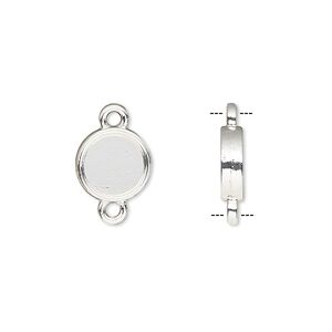 Link, silver-finished brass, 10mm double-sided round with 8mm round setting. Sold per pkg of 10.