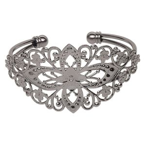 Bracelet, cuff, gunmetal-plated brass, 35mm wide with filigree flower design, adjustable from 6-1/2 to 7 inches. Sold individually.