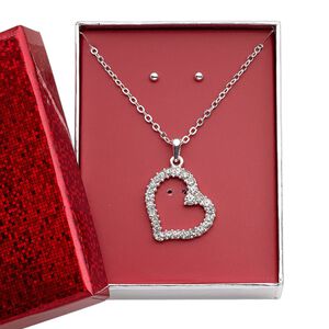 Necklace and earring set, glass rhinestone / silver-finished brass / steel / "pewter" (zinc-based alloy), clear, 24mm heart, 15" to 16" necklace with 3-inch extender chain and lobster claw clasp, 3mm round with post. Sold per set.