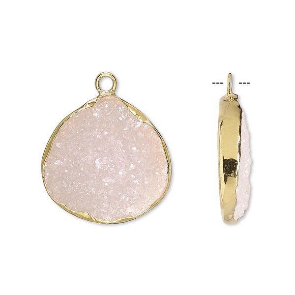 Drop, druzy agate (dyed) and gold-finished sterling silver, pink, 20x20mm single-sided teardrop. Sold per pkg of 2. image number 0
