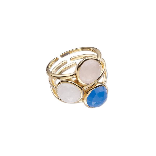 Ring, rainbow moonstone / blue chalcedony (natural / dyed) / gold-finished sterling silver, 24.5mm wide, size 10. Sold individually. image number 0