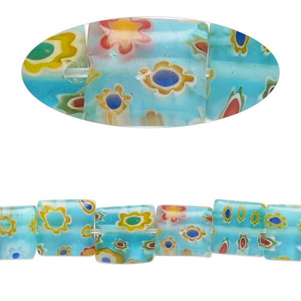 Bead, millefiori glass, translucent aqua blue and multicolored, 7mm-9x8mm puffed square with flower design. Sold per 14-inch strand. image number 0