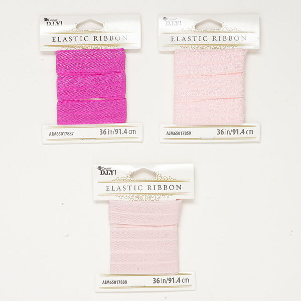 Cord, elastic 1pkg3, pink and hot pink, 15-16mm flat, 36 inch sections. image number 0