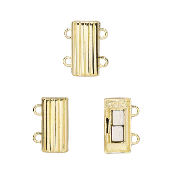 Clasp, 2-strand magnetic, "vermeil," 14x7mm ribbed rectangle. Sold individually. image number 0