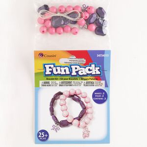 Bracelet kit, steel and acrylic, pkg/1, mixed shapes, silver finish / pink / purple.