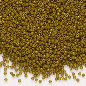 Seed bead, Miyuki, glass, pkg/250g, #15 rocaille, Duracoat® opaque outside dyed Spanish olive (RR-4491).