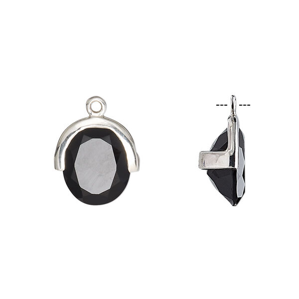 Drop, black onyx (dyed) and sterling silver, 13x12.5mm single-sided faceted oval. Sold individually. image number 0