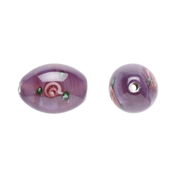 Bead, Czech lampworked glass, opaque purple / pink / green, 15x10mm-16x11mm olive with flower design. Sold per pkg of 2. image number 0