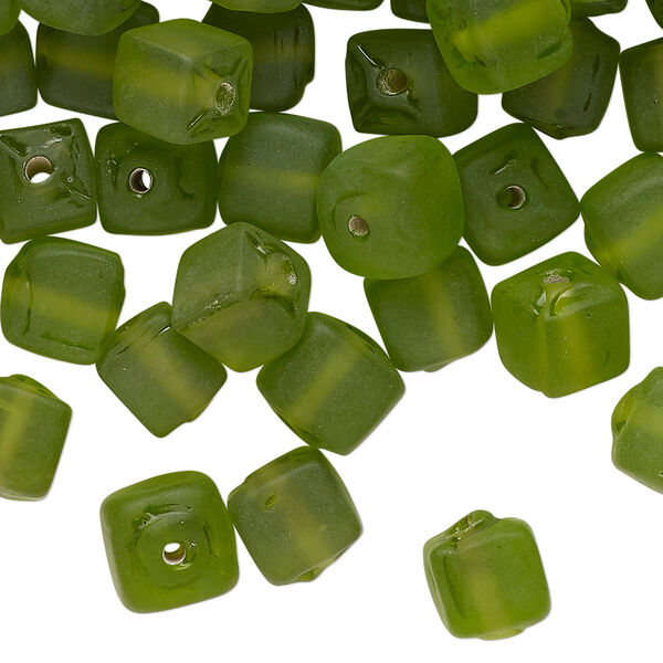 Bead, lampworked glass, translucent green, 8mm cube. Sold per 4-ounce pkg, approximately 130 beads. image number 0