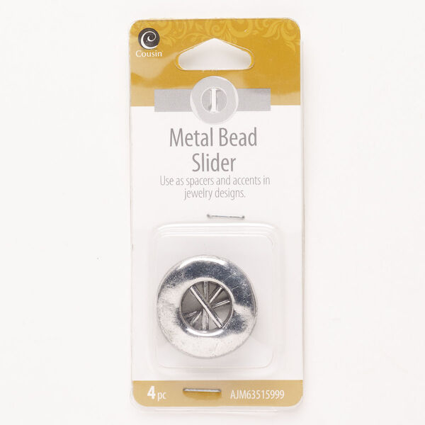 Slider, "pewter" (zinc-based alloy), pkg/4, antique silver finish, 25mm round, fits up to 11mm round beads. image number 0