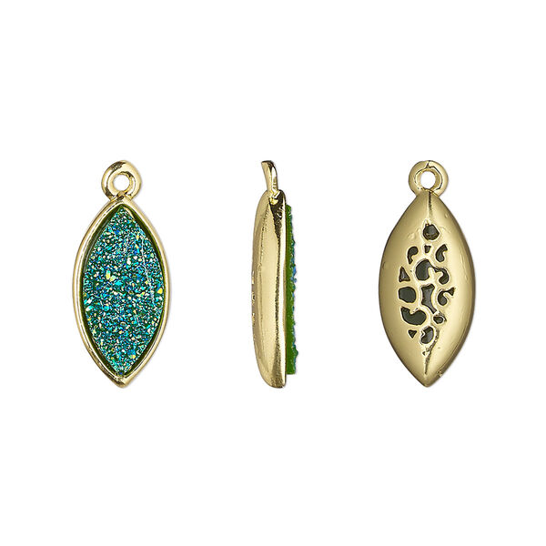 Drop, Druzylite™, "druzy" (resin) and gold-finished brass, green, 16x8mm two-sided marquise with open filigree back. Sold per pkg of 4. image number 0