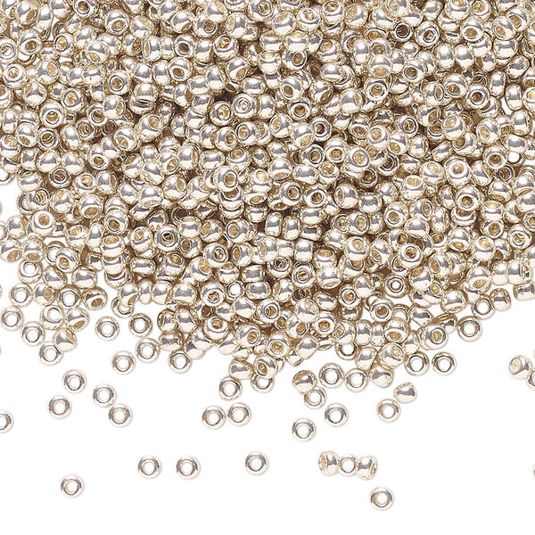 Seed bead, Preciosa Ornela Czech glass, pkg/500g, #11 rocaille, opaque silver finish metallic clear, (18303). image number 0