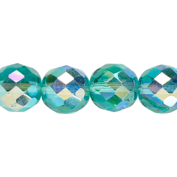 Bead, Czech fire-polished glass, pkg/15-1/2 to 16 inches, 12mm faceted round, translucent light aqua AB, (60110-28701). image number 0