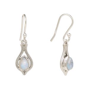 Earring, Create Compliments®, antiqued sterling silver and rainbow moonstone (natural), fishhook, 29.5mm with 15x9mm single-sided open beaded teardrop, 21 gauge. Sold per pair.