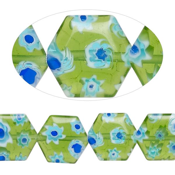 Bead, millefiori glass, translucent green and multicolored, 12-13mm puffed hexagon with flower design. Sold per 14-inch strand. image number 0
