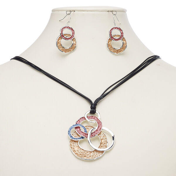 Necklace and earring set, enamel / waxed cotton cord / imitation rhodium-plated steel / brass / "pewter" (zinc-based alloy), multicolored, 54x48mm circles, 18-inch necklace with 2-inch extender chain and lobster claw clasp, 41mm earrings with fishhook ear wire. Sold per set. image number 0