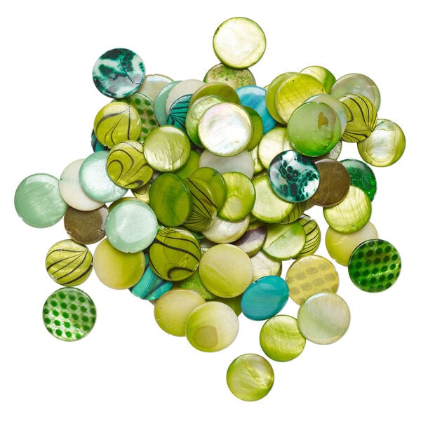 Mother-of-pearl shell 1pkg6oz, puffed flat round bead mix multi-green 17-20mm image number 1