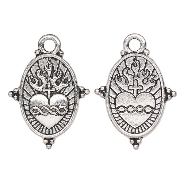Drop, TierraCast®, antique silver-plated pewter, 25x21mm 2-sided beaded oval with sacred heart. Sold per pkg of 10. image number 0