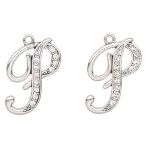 Charm, antique silver-finished "pewter" (zinc-based alloy) and glass, clear, 25x23mm letter "P". Sold per pkg of 2.