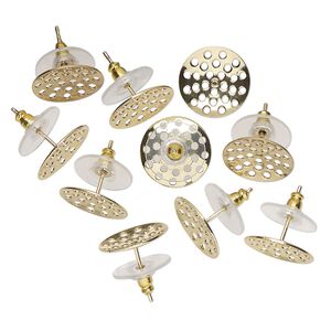 Earstud 1pkg10, 14mm perforated disc / comfort clutch, gold-finished brass / acrylic clear 5 pair