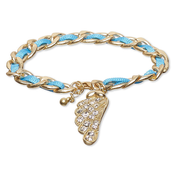 Bracelet, nylon / Czech glass rhinestone / gold-finished steel / "pewter" (zinc-based alloy), blue and clear, 8mm wide with 39x15.5mm wing, 7 inches with 1-inch extender chain and lobster claw clasp. Sold individually. image number 0